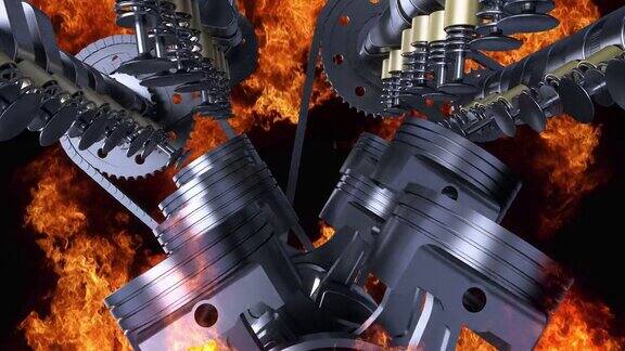 V8引擎正常工作阀门活塞和曲轴燃油喷射