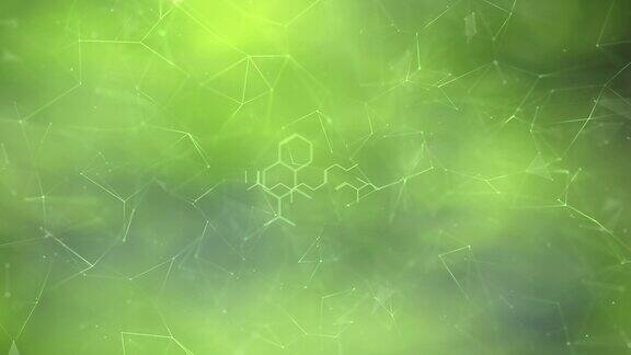 现代闪亮的抽象化学六边形分子在绿色艺术性质的散景复制空间动画背景