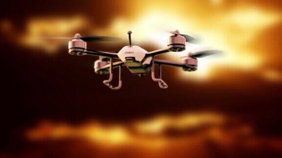 无人机白色飞行在日出动画远离绿幕上的摄像机