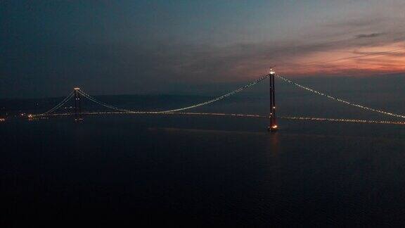 最长的中跨悬索桥建设-达达尼尔海峡1915年Canakkale桥在夜间4K无人机镜头