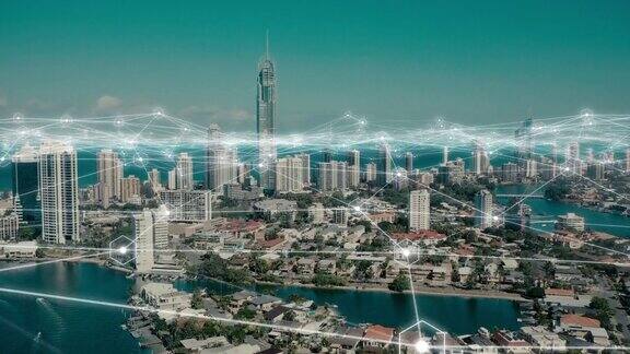 智慧城市、数字转型和通信网络网格为互联网网络安全软件或澳大利亚社区无人机视图技术抽象和云计算的数据流量
