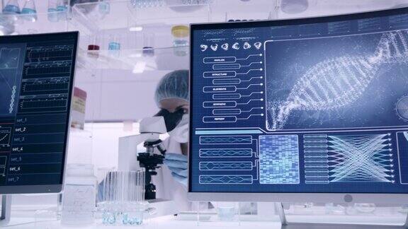 未来的实验室设备冠状病毒检测在显微镜背景下工作的女性科学家