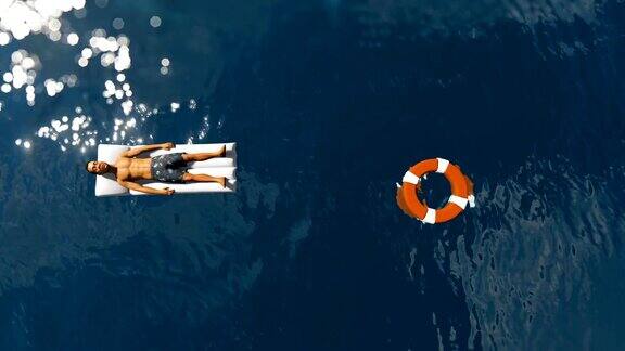 人与救生圈漂浮在海上鲨鱼游泳4K