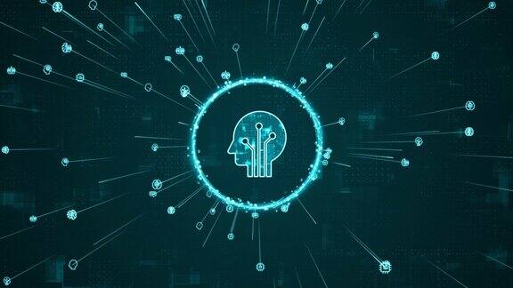 蓝色数字机器人头部标志和AI图标的运动图形围绕标志旋转AI图标展开在抽象背景上链接线条带有AI聊天机器人和机器学习技术概念