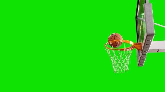 球在绿幕上以慢动作飞入篮筐漂亮的职业篮球投篮运动概念3d动画4k超高清3840x2160