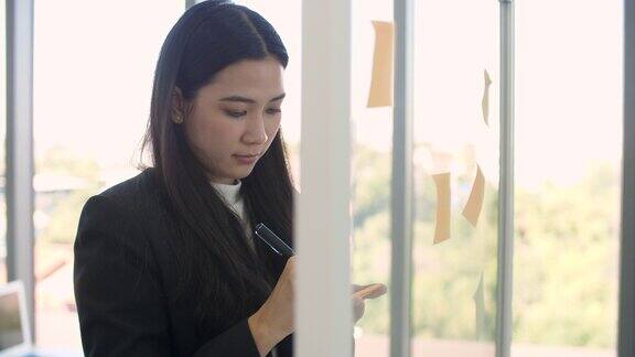 商业女性把想法写在玻璃板上