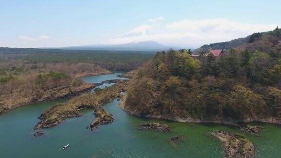 富士山鸟瞰图从Shoji湖与蓝天富士山日本