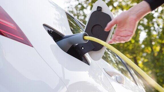 电动汽车插在电动汽车充电站在郁郁葱葱的绿色郊区的停车场充电