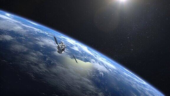 卫星扫描并监控地球太阳能板打开卫星慢慢地飞走了地球的地平线向右转4k