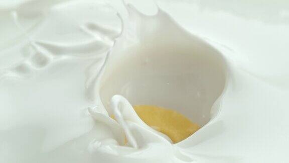 菠萝片落入奶油牛奶中在微距和慢镜头中产生漩涡飞溅