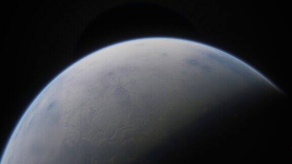 冰覆盖的系外行星在另一个太阳系宇宙飞船在一颗高山外星球的大气层上空低空飞行
