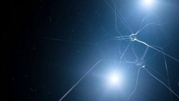 在蓝色复制空间背景上闪烁的神经元细胞
