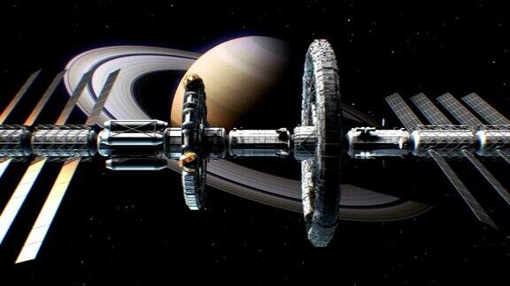 科幻星际飞船在土星的背景