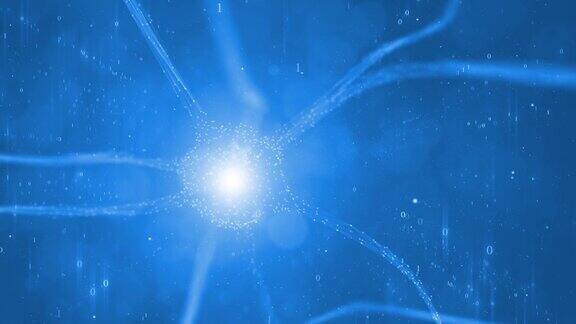 摘要蓝色神经元细胞在大脑中亮蓝色背景与二进制数字网络动画