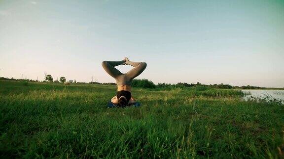 美丽的女人在早上练习瑜伽女孩在绿草地上做瑜伽动作