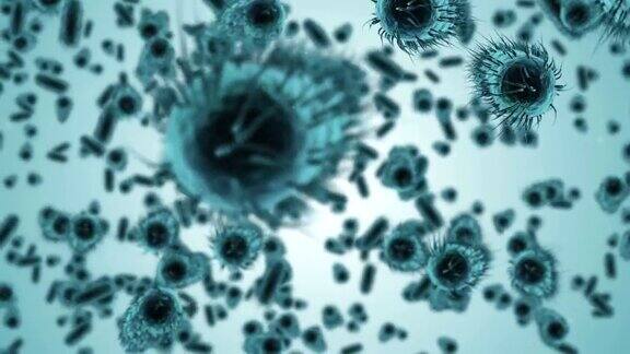 数字生成的细菌细胞在蓝色背景下流动