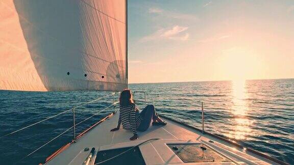 一个女人在一艘帆船的甲板上欣赏日落