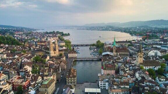 夏季日落天空苏黎世城市风景湖畔河流航空全景4k时间流逝瑞士