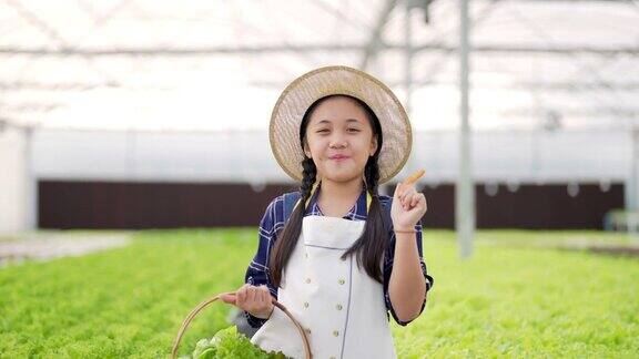 在温室花园的篮子里一个亚洲小女孩拿着有机生菜的4K肖像
