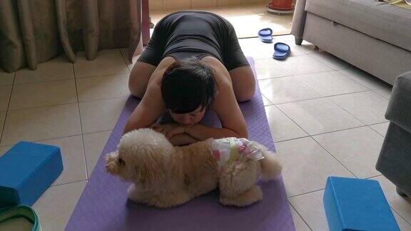一位亚洲华人中年人在家练习瑜伽她的玩具狮子狗骚扰她还舔她的脸