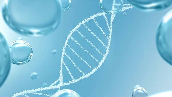 未来美保健细胞环背景与白色气泡mRNA螺旋和蓝色液滴