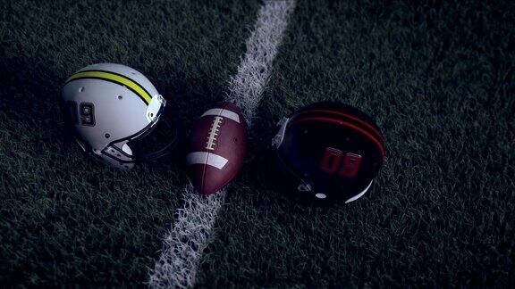 两个美式足球头盔和他们之间的一个美式足球在场上-3D渲染动画