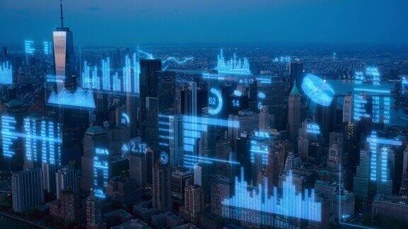 现代智慧城市概念:纽约市的夜间直升机镜头与动画数字化视觉在地标商业建筑VFX数据与图形图表城市分析报告