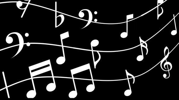 音乐笔记波浪线无缝模式在黑色背景乐谱符号漩涡动画