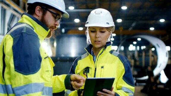 男和女工业工程师在安全帽和安全夹克讨论新项目同时使用平板电脑他们在重工业制造厂工作
