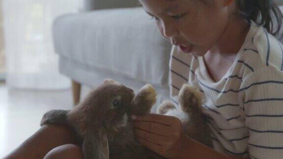 亚洲小女孩抱着她的宠物兔子在客厅里充满爱意地玩耍