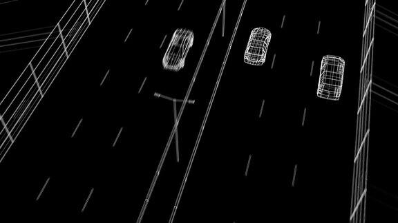 美丽的循环三维动画数字汽车驾驶在抽象的高速公路黑色背景无缝数字动画蓝图交通技术