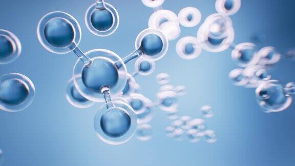 分子结构模型在蓝色背景上移动就像在水中一样