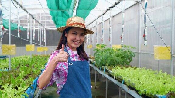 快乐的亚洲女农民的肖像放大在温室花园的有机农场检查新鲜蔬菜沙拉后发现害虫农业有机健康