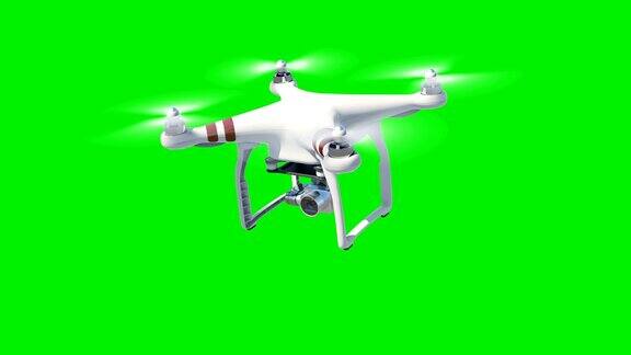 四轴飞行器在蓝天上飞行用相机拍摄循环3d动画与绿色屏幕和阿尔法蒙版现代电子产品
