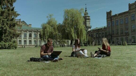一群大学生在校园草坪上学习