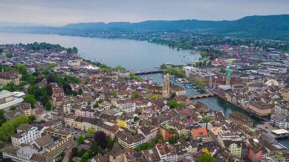 傍晚照明苏黎世城市景观河岸湖视图航空全景4k时间流逝瑞士
