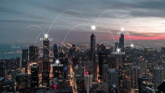 ZI鸟瞰图芝加哥城市和5G网络概念日落到夜晚的过渡