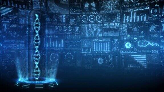 DNA螺旋分子环动画DNA染色体数字数据图的全息元素医疗信息高科技未来设计