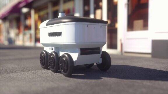 具有自动驾驶技术的自动送货机器人自动送货机器人沿着街道行驶快递物流的未来产业