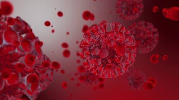 逼真的红色病毒模型和血细胞冠状病毒、COVID-19医学动画