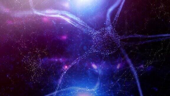 艺术大脑神经元细胞在彩色蓝红人工智能网络空间以细致的线条和圆点动画为背景