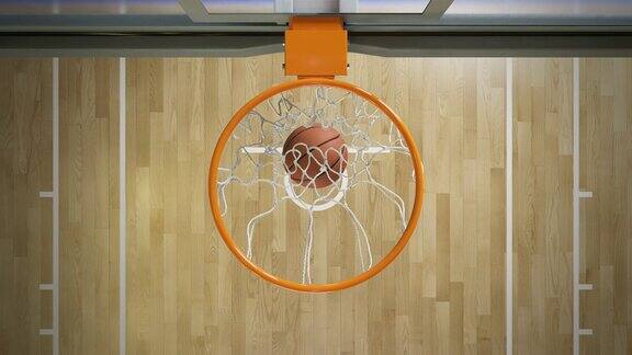 漂亮的职业篮球投篮慢动作俯视图球飞入篮筐运动概念3d动画4k超高清3840x2160