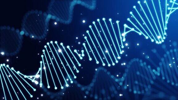 DNA结构发光分子在蓝色背景上旋转