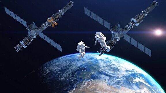 一组宇航员太空行走地球是可见的卫星飞行