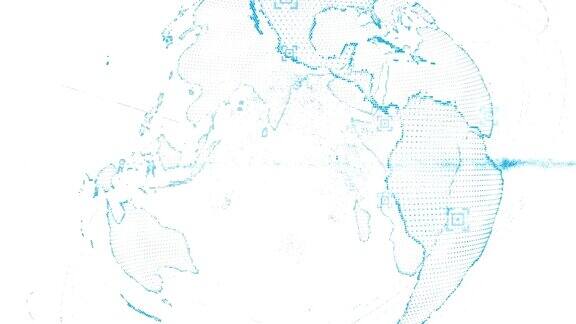 像素3D蓝色闪光地球在旋转与波粒子行星地球旋转动画未来技术概念与空白为您的文字和标志
