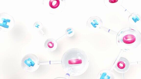 分子化学式H2O水分子呈粉红色和蓝色球棒化学结构模型概念科学或化妆品行业动画