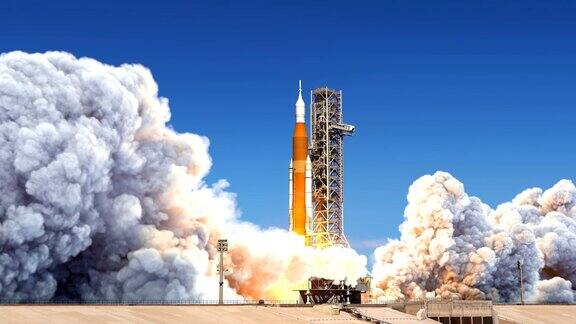 大型重型火箭(太空发射系统)发射缓慢的运动全3D动画4K
