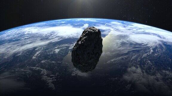 一颗小行星落到了地球上小行星旋转并快速地飞向地球星空4k星星在闪烁3d渲染美国国家航空航天局