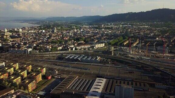 晴天苏黎世市火车站铁路建设航拍全景4k瑞士