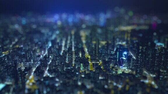 香港城市的夜间超缩鸟瞰图